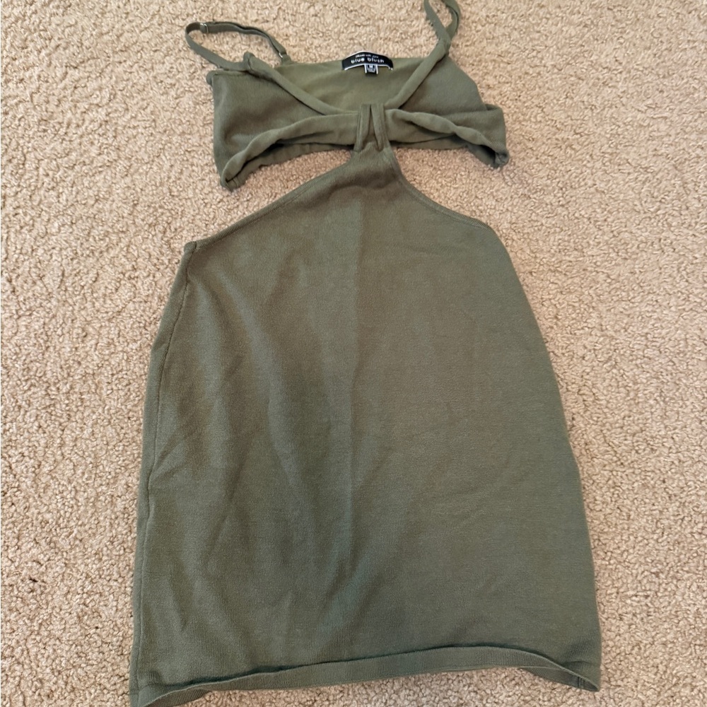 Blue Blush Olive Green Tie-Front Top